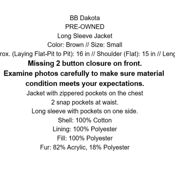 Women's BB Dakota Jacket with Snap On-Neck Faux Fur Liner SMALL Brown - Picture 2 of 15